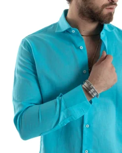 Camicia Uomo Lino Collo Francese Sartoriale Turchese C2726A