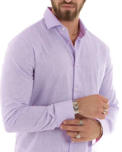 Camicia Uomo Lino Collo Francese Sartoriale Lilla Melangiata C2877A