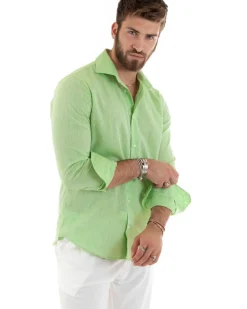 Camicia Uomo Lino Collo Francese Sartoriale Verde Acido Melangiata C2683A