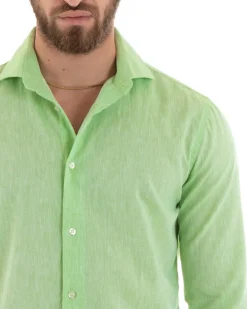Camicia Uomo Lino Collo Francese Sartoriale Verde Acido Melangiata C2683A