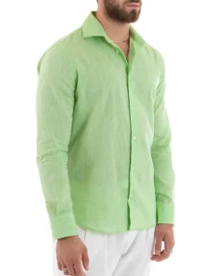 Camicia Uomo Lino Collo Francese Sartoriale Verde Acido Melangiata C2683A