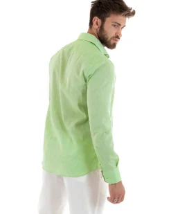 Camicia Uomo Lino Collo Francese Sartoriale Verde Acido Melangiata C2683A