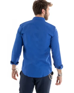 Camicia Uomo Lino Collo Francese Sartoriale Blu Royal C2717A