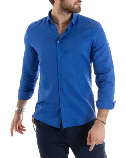 Camicia Uomo Lino Collo Francese Sartoriale Blu Royal C2717A