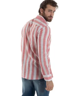 Camicia Uomo Lino Collo Francese Regular Fit Riga Larga Rosso C2854A