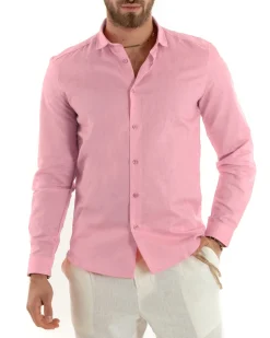 Camicia Uomo Lino Collo Francese Sartoriale Rosa C2725A