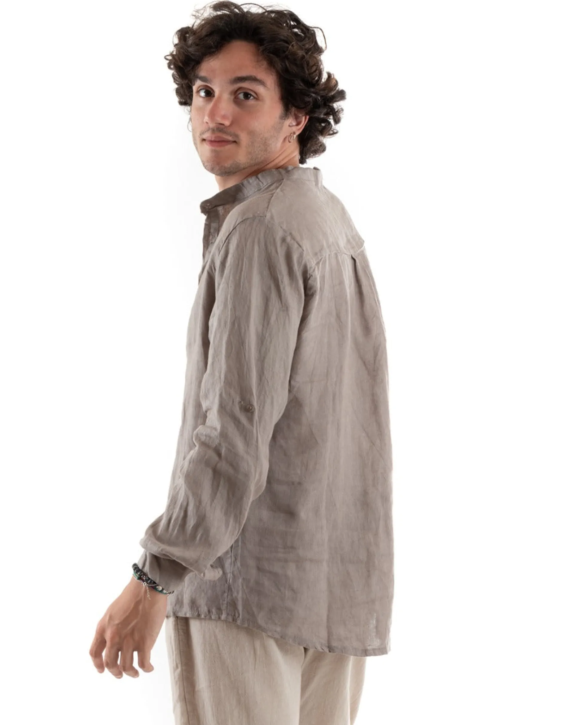 Camicia Uomo Lino Collo Serafino Mezzo Bottone Tinta Unita Casacca Fango GIOSAL-C2898A