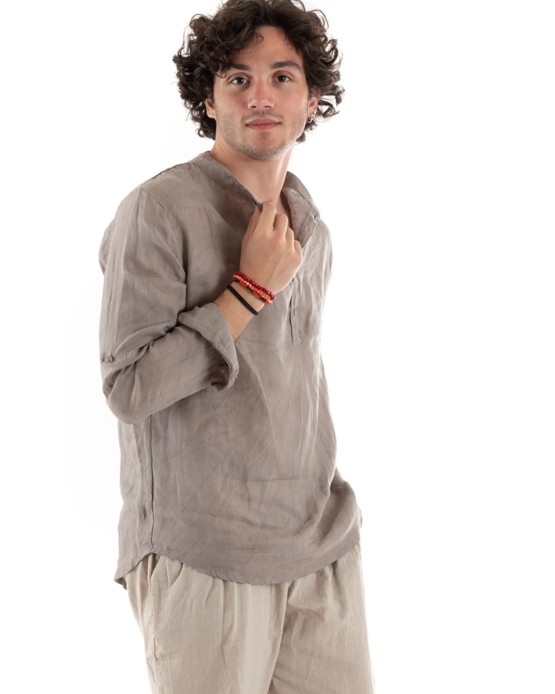 Camicia Uomo Lino Collo Serafino Mezzo Bottone Tinta Unita Casacca Fango GIOSAL-C2898A