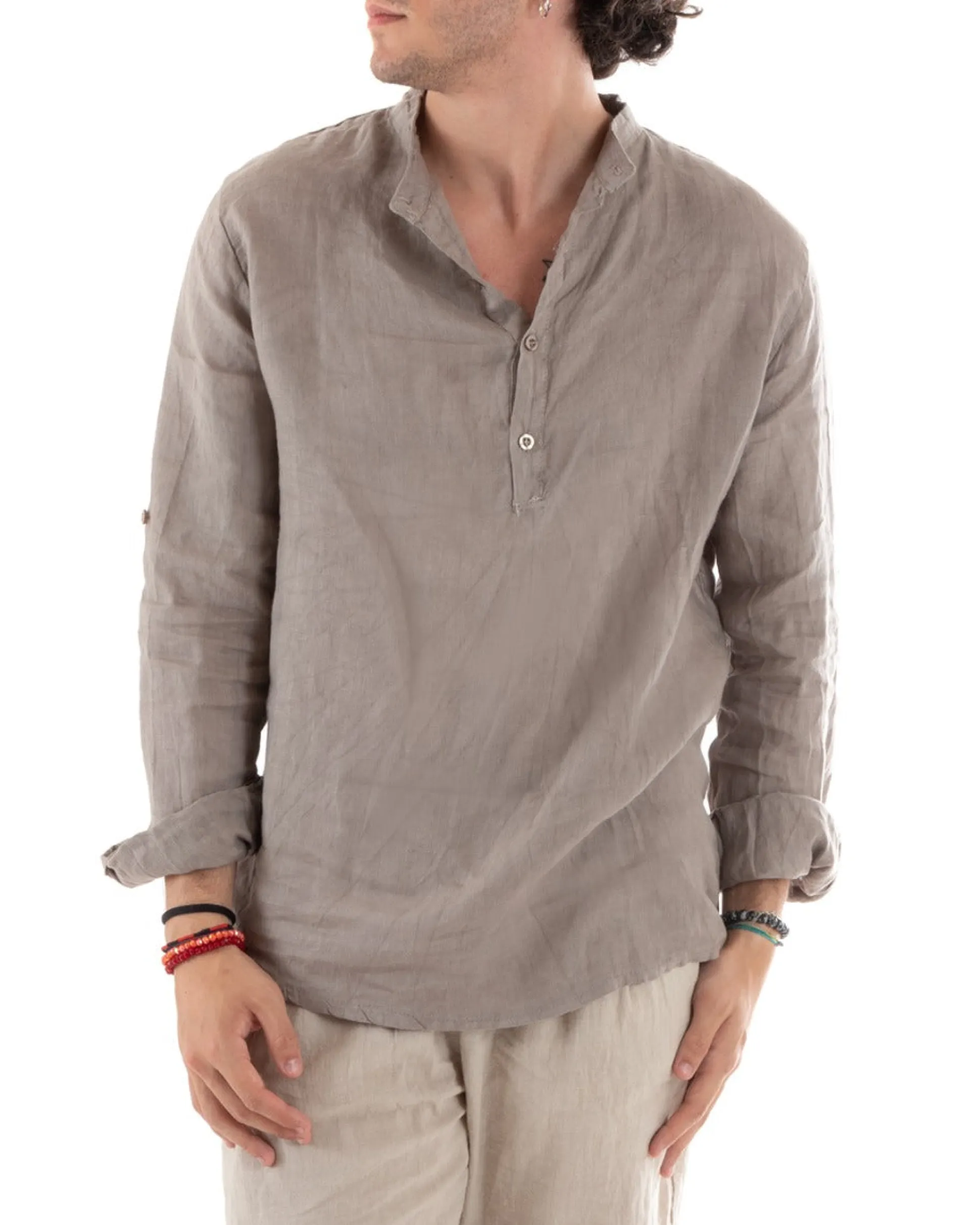 Camicia Uomo Lino Collo Serafino Mezzo Bottone Tinta Unita Casacca Fango GIOSAL-C2898A