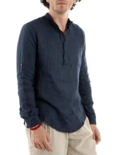 Camicia Uomo Lino Collo Serafino Mezzo Bottone Tinta Unita Casacca Blu GIOSAL-C2902A