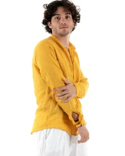 Camicia Uomo Lino Collo Serafino Mezzo Bottone Tinta Unita Casacca Senape GIOSAL-C2900A