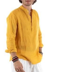 Camicia Uomo Lino Collo Serafino Mezzo Bottone Tinta Unita Casacca Senape GIOSAL-C2900A