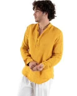 Camicia Uomo Lino Collo Serafino Mezzo Bottone Tinta Unita Casacca Senape GIOSAL-C2900A