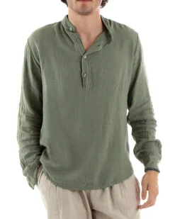 Camicia Uomo Lino Collo Serafino Mezzo Bottone Tinta Unita Casacca Verde GIOSAL-C2899A