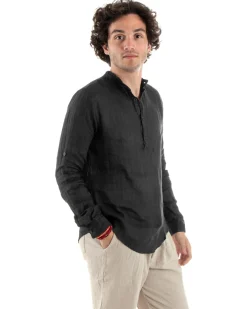 Camicia Uomo Lino Collo Serafino Mezzo Bottone Tinta Unita Casacca Nero GIOSAL-C2901A