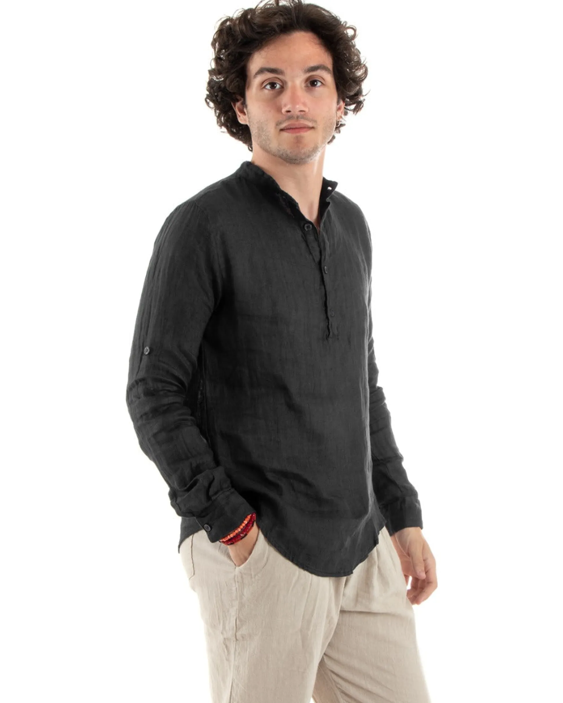 Camicia Uomo Lino Collo Serafino Mezzo Bottone Tinta Unita Casacca Nero GIOSAL-C2901A