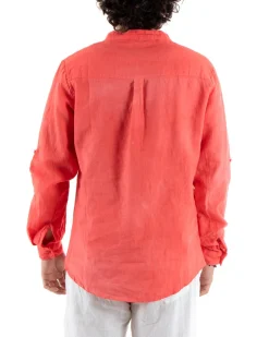 Camicia Uomo Lino Collo Serafino Mezzo Bottone Tinta Unita Casacca Corallo GIOSAL-C2908A