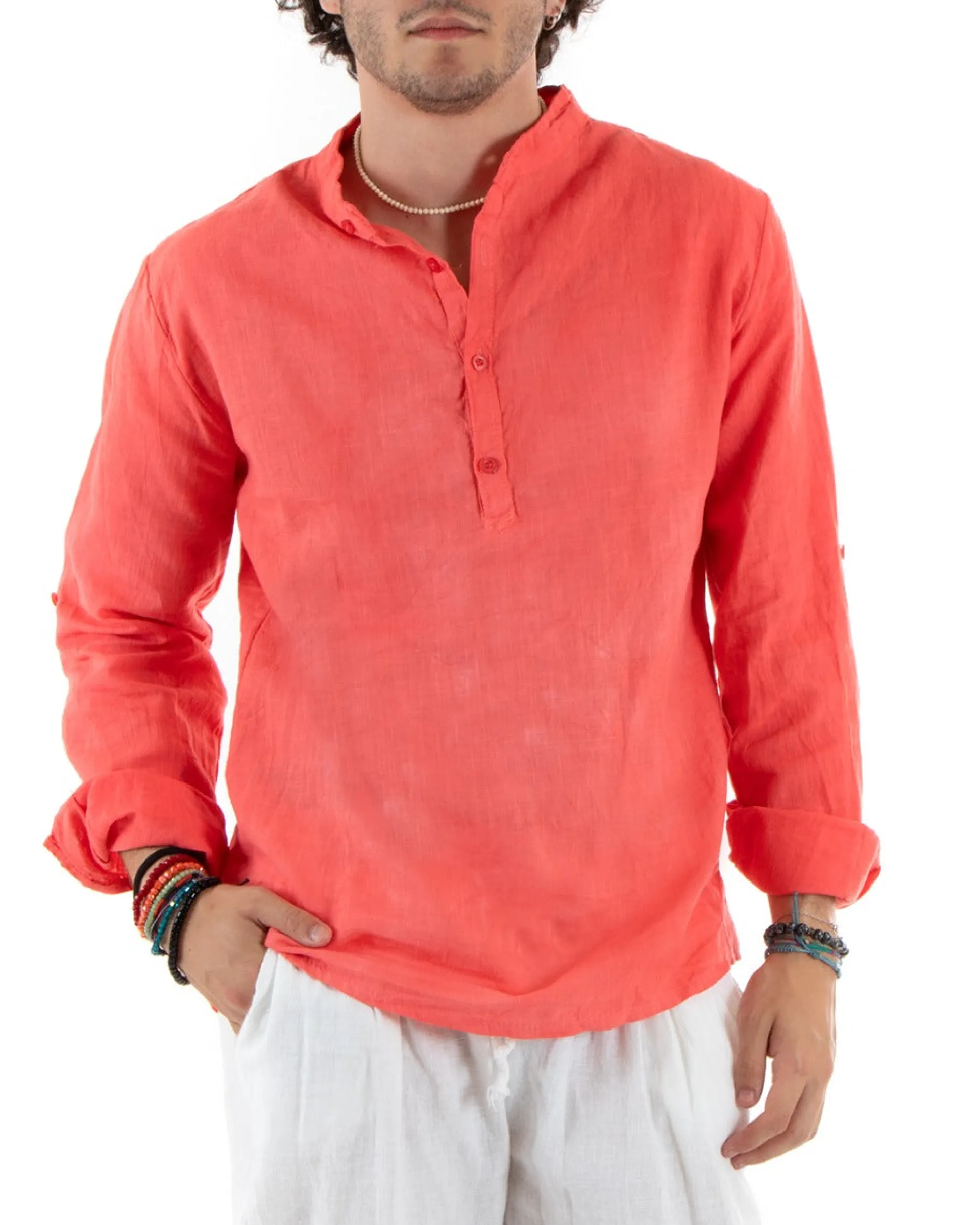 Camicia Uomo Lino Collo Serafino Mezzo Bottone Tinta Unita Casacca Corallo GIOSAL-C2908A