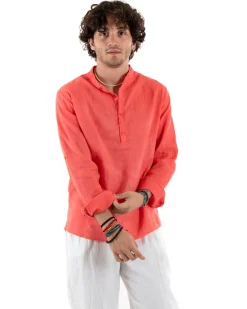 Camicia Uomo Lino Collo Serafino Mezzo Bottone Tinta Unita Casacca Corallo GIOSAL-C2908A