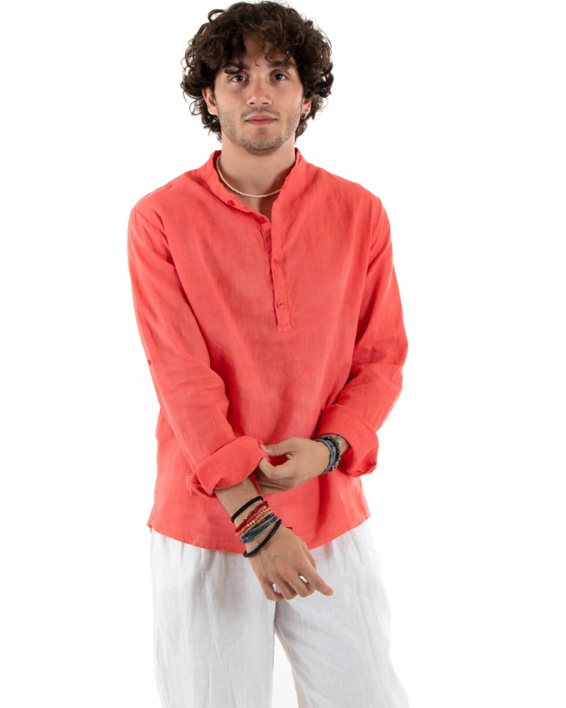 Camicia Uomo Lino Collo Serafino Mezzo Bottone Tinta Unita Casacca Corallo GIOSAL-C2908A