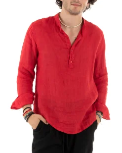 Camicia Uomo Lino Collo Serafino Mezzo Bottone Tinta Unita Casacca Rosso GIOSAL-C2907A