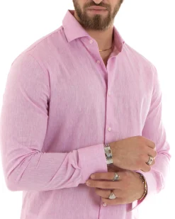 Camicia uomo lino melangiata collo francese sartoriale casual tinta unita rosa GIOSAL-C2684A