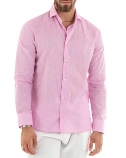 Camicia uomo lino melangiata collo francese sartoriale casual tinta unita rosa GIOSAL-C2684A