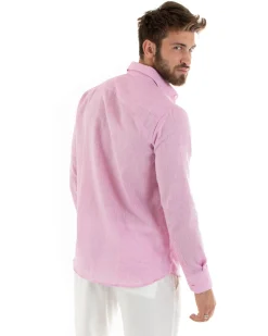Camicia uomo lino melangiata collo francese sartoriale casual tinta unita rosa GIOSAL-C2684A