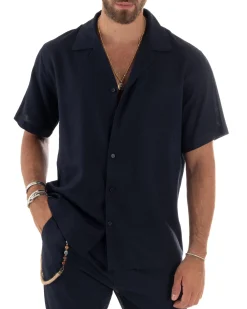 Camicia uomo lino mezze maniche colletto bowling collo rever boxy fit blu GIOSAL-CC1212A