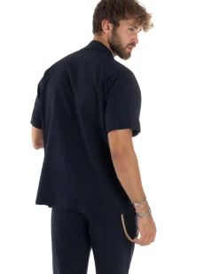 Camicia uomo lino mezze maniche colletto bowling collo rever boxy fit blu GIOSAL-CC1212A