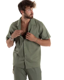 Camicia uomo lino mezze maniche colletto bowling collo rever boxy fit verde GIOSAL-CC1209A