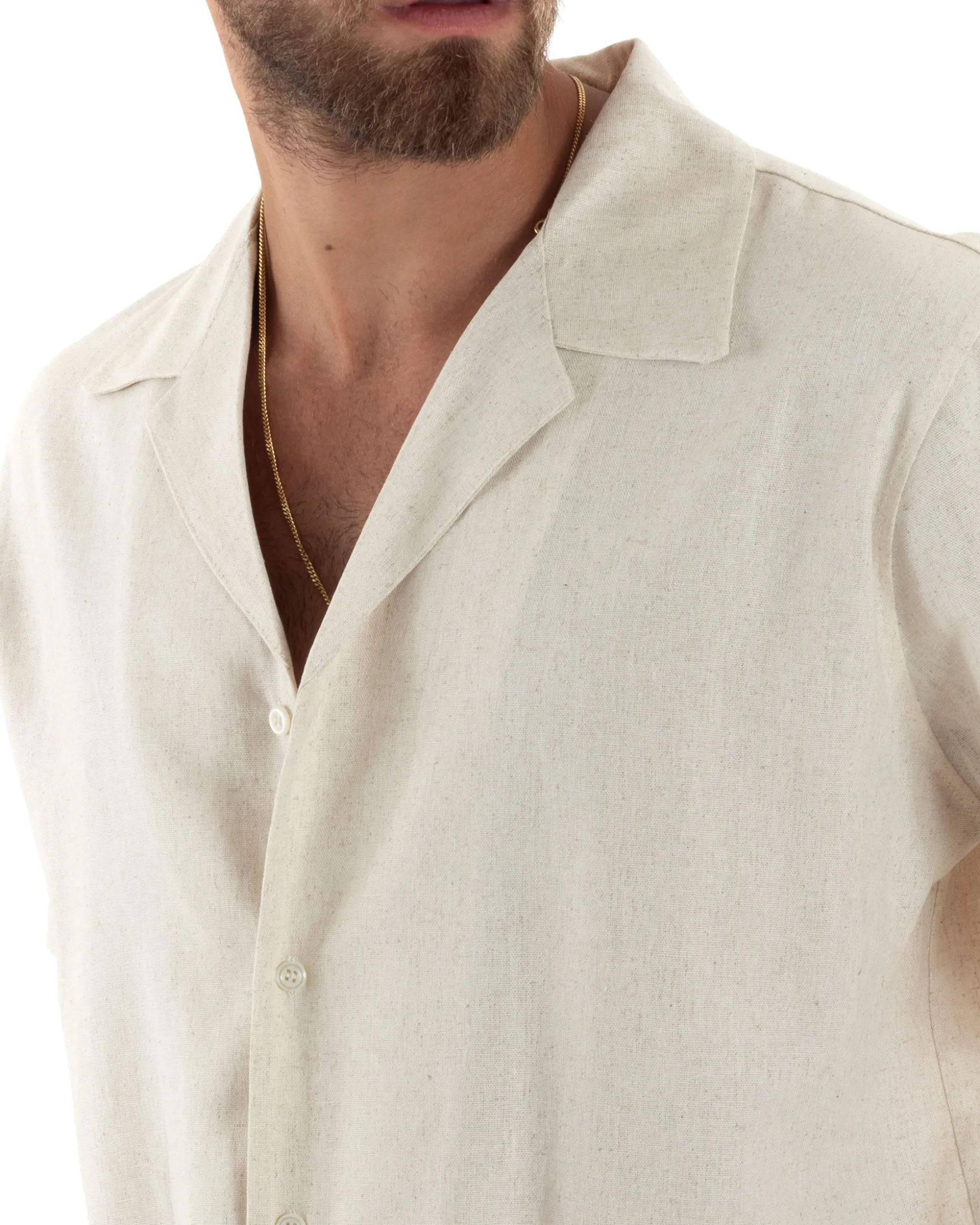 Camicia uomo lino mezze maniche colletto bowling collo rever boxy fit beige GIOSAL-CC1208A