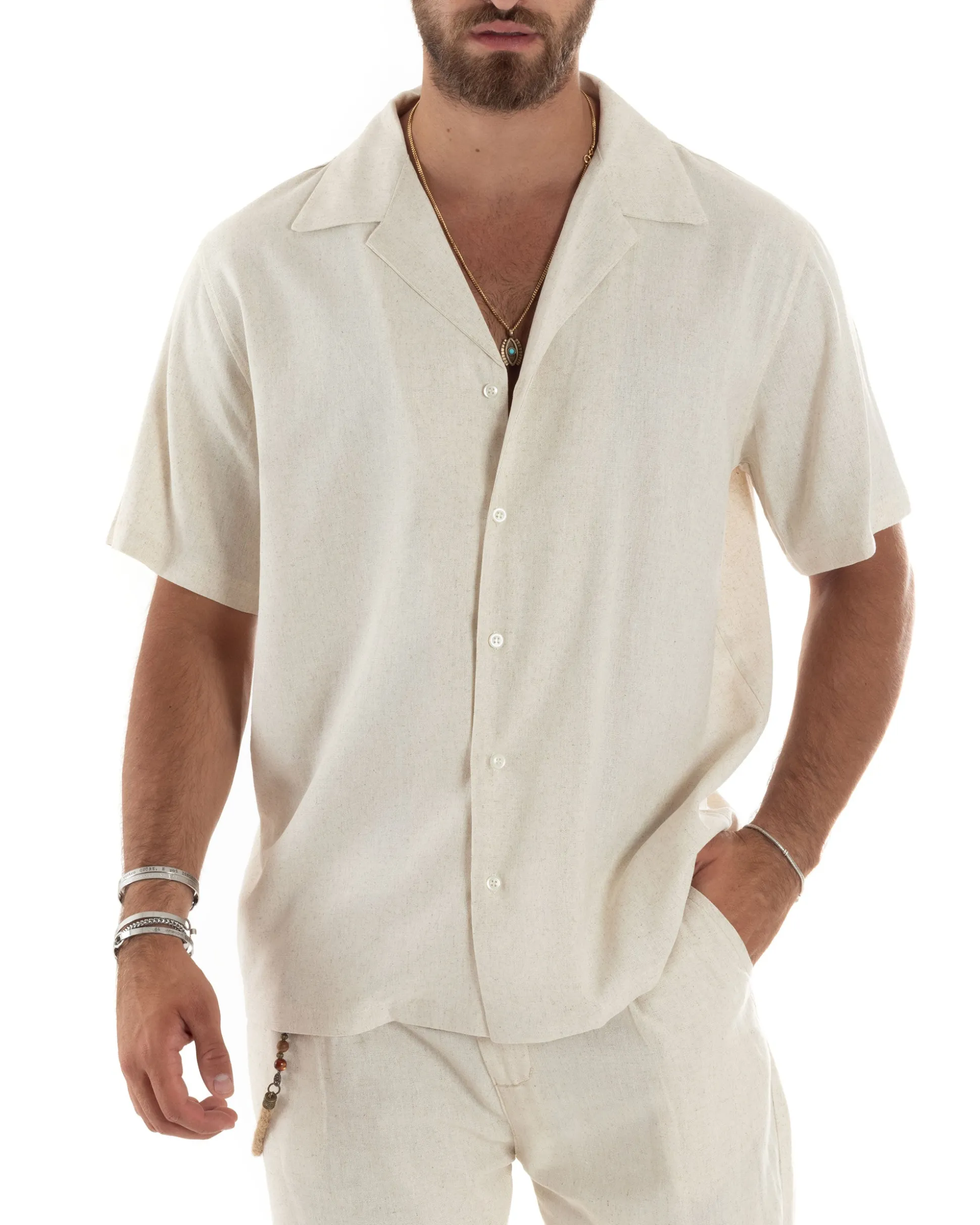 Camicia uomo lino mezze maniche colletto bowling collo rever boxy fit beige GIOSAL-CC1208A