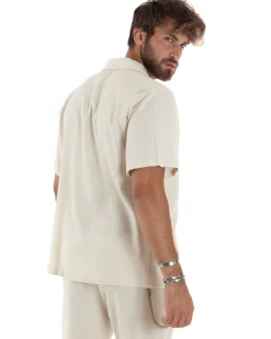 Camicia uomo lino mezze maniche colletto bowling collo rever boxy fit beige GIOSAL-CC1208A