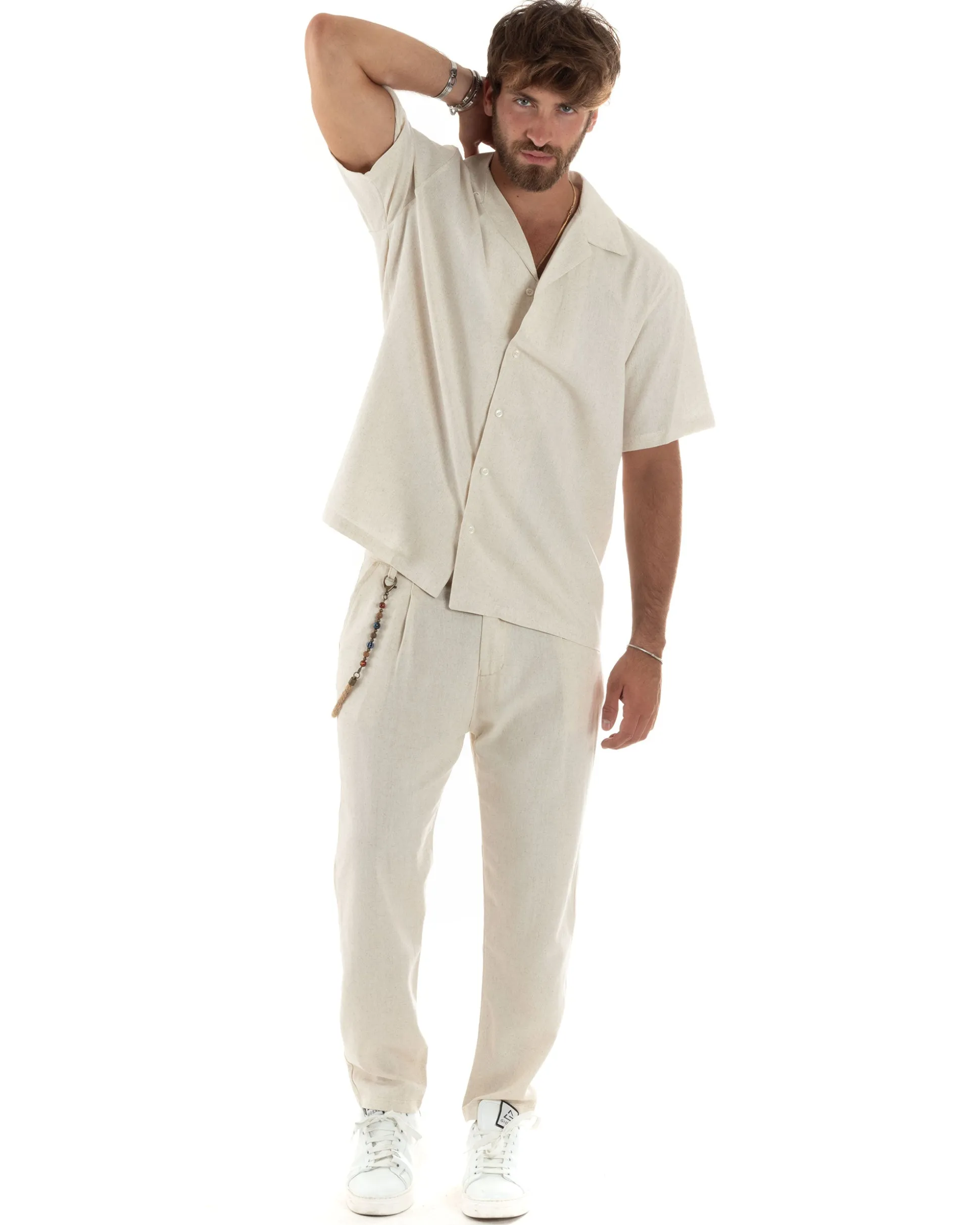 Camicia uomo lino mezze maniche colletto bowling collo rever boxy fit beige GIOSAL-CC1208A