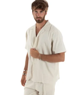 Camicia uomo lino mezze maniche colletto bowling collo rever boxy fit beige GIOSAL-CC1208A