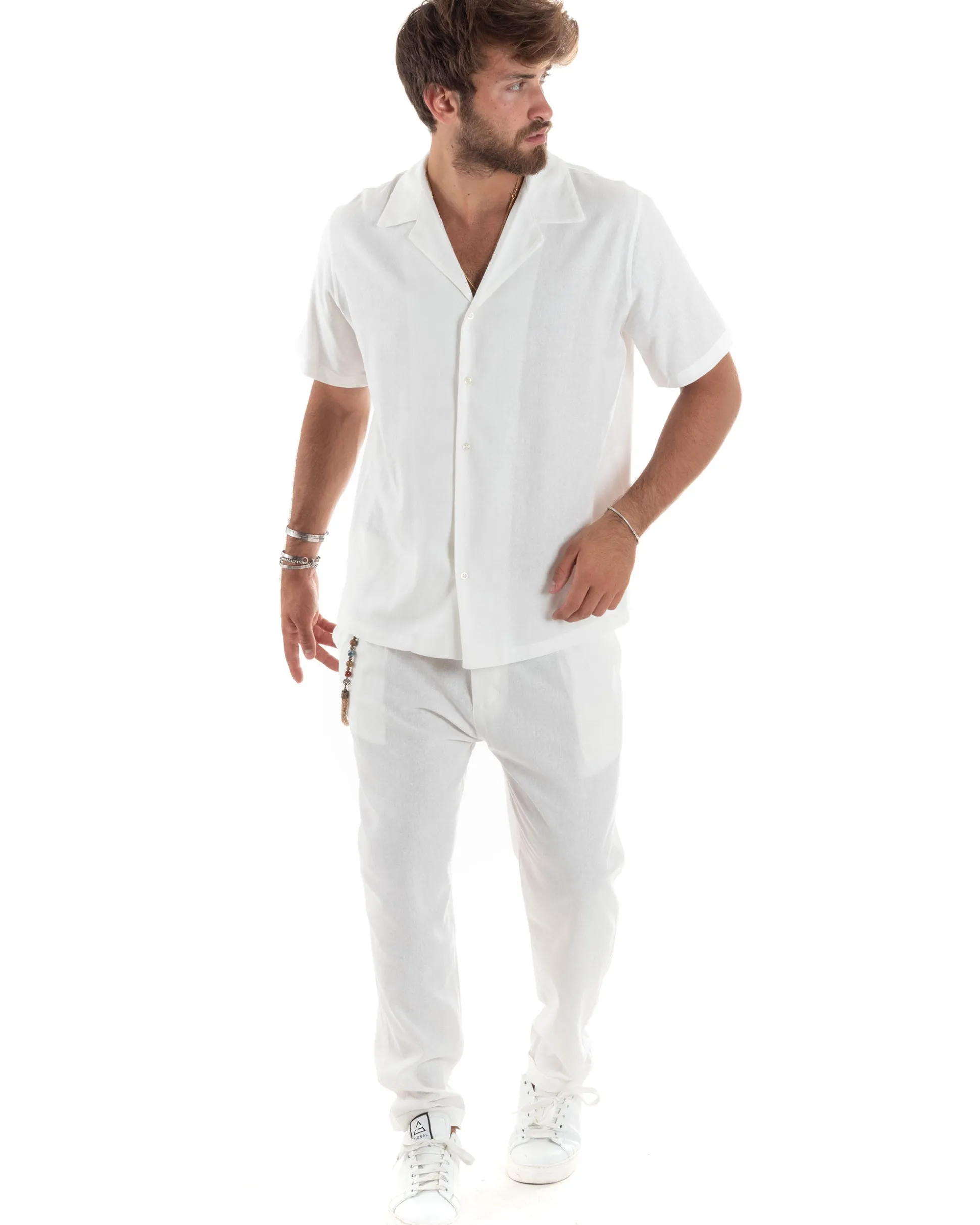 Camicia uomo lino mezze maniche colletto bowling collo rever boxy fit bianco GIOSAL-CC1210A
