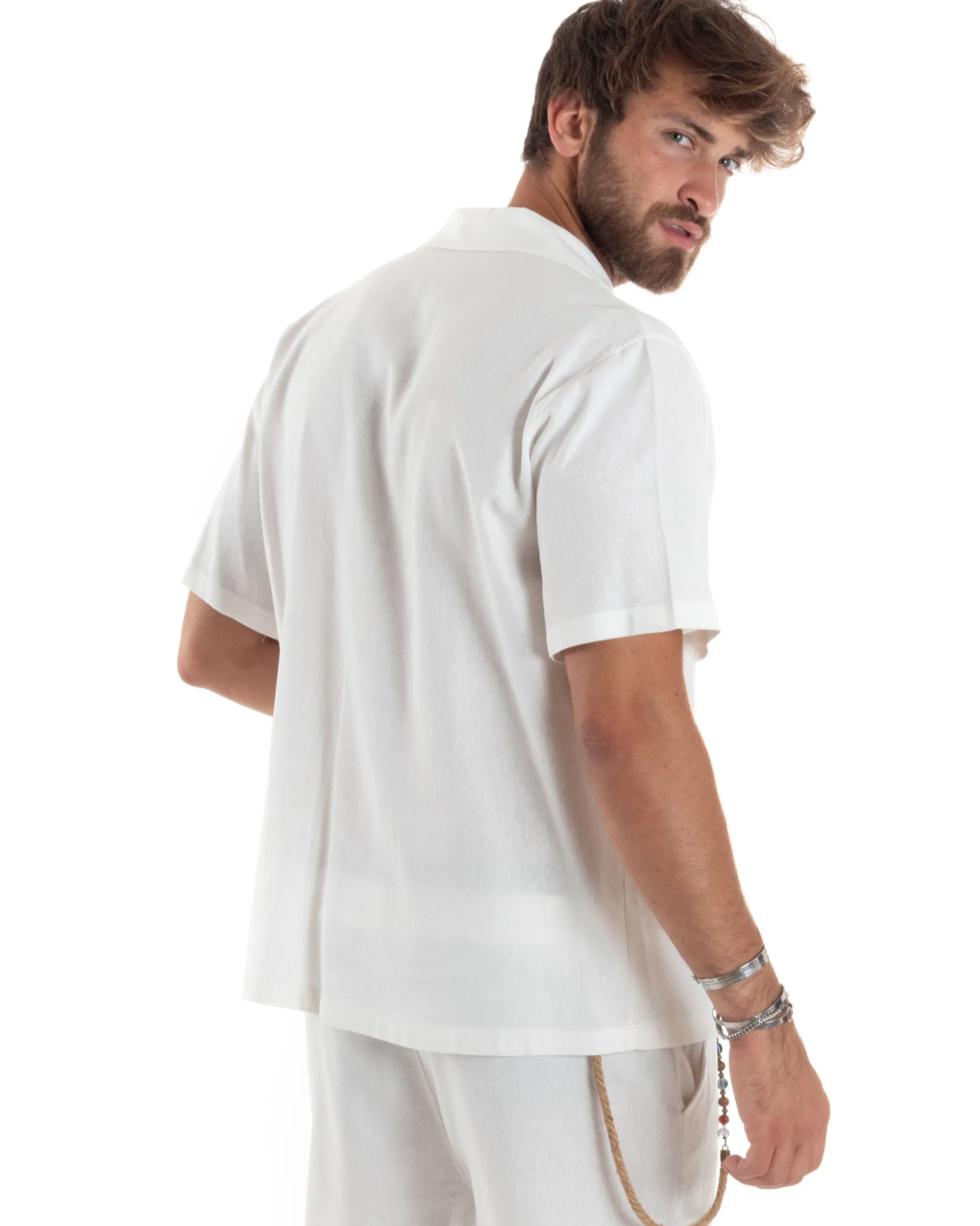 Camicia uomo lino mezze maniche colletto bowling collo rever boxy fit bianco GIOSAL-CC1210A