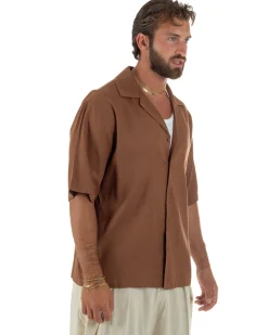 Camicia uomo lino mezze maniche colletto bowling collo rever boxy fit camel GIOSAL-CC1237A