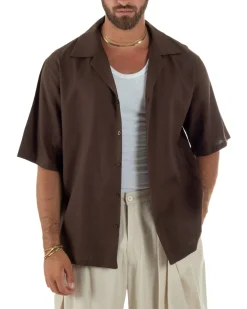 Camicia uomo lino mezze maniche colletto bowling collo rever boxy fit marrone GIOSAL-CC1236A