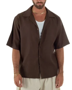 Camicia uomo lino mezze maniche colletto bowling collo rever boxy fit marrone GIOSAL-CC1236A