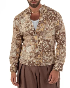 Camicia uomo lino patchwork etnico collo coreano beige GIOSAL-C3095A