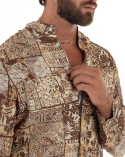 Camicia uomo lino patchwork etnico collo coreano beige GIOSAL-C3095A
