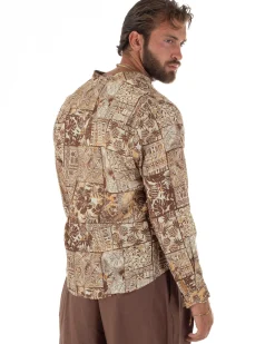 Camicia uomo lino patchwork etnico collo coreano beige GIOSAL-C3095A