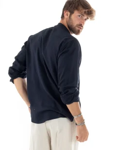 Camicia uomo lino regular fit collo coreano serafino scollo v blu GIOSAL-C2866A
