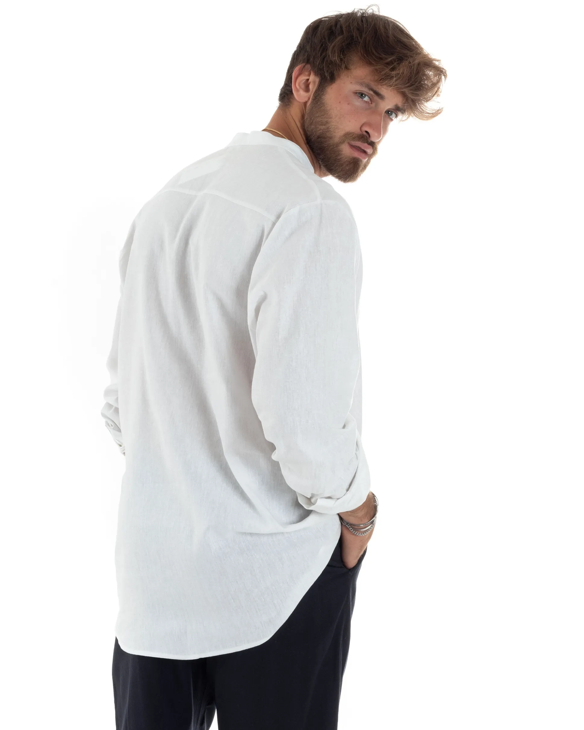 Camicia uomo lino regular fit collo coreano serafino scollo v bianco GIOSAL-C2865A