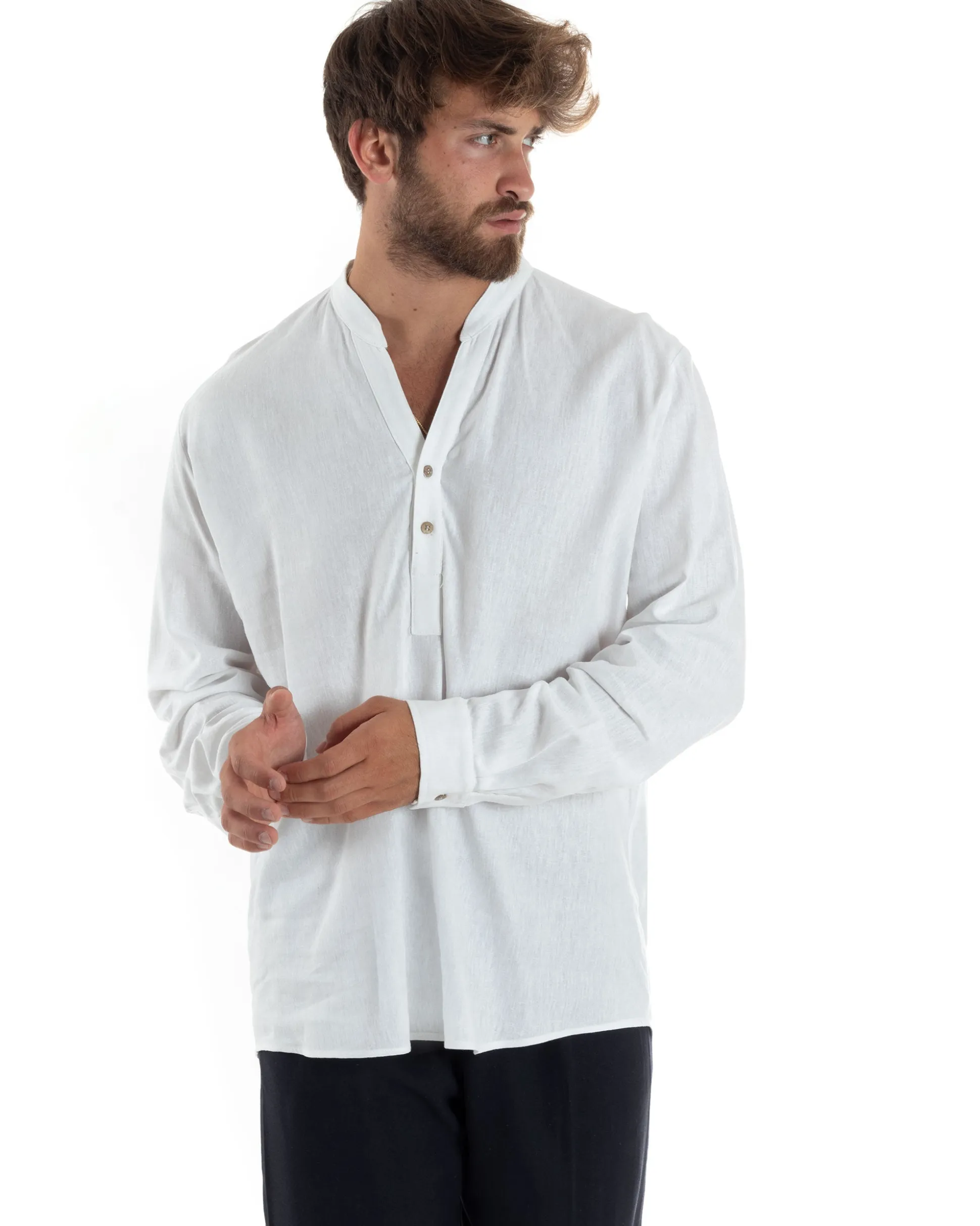 Camicia uomo lino regular fit collo coreano serafino scollo v bianco GIOSAL-C2865A