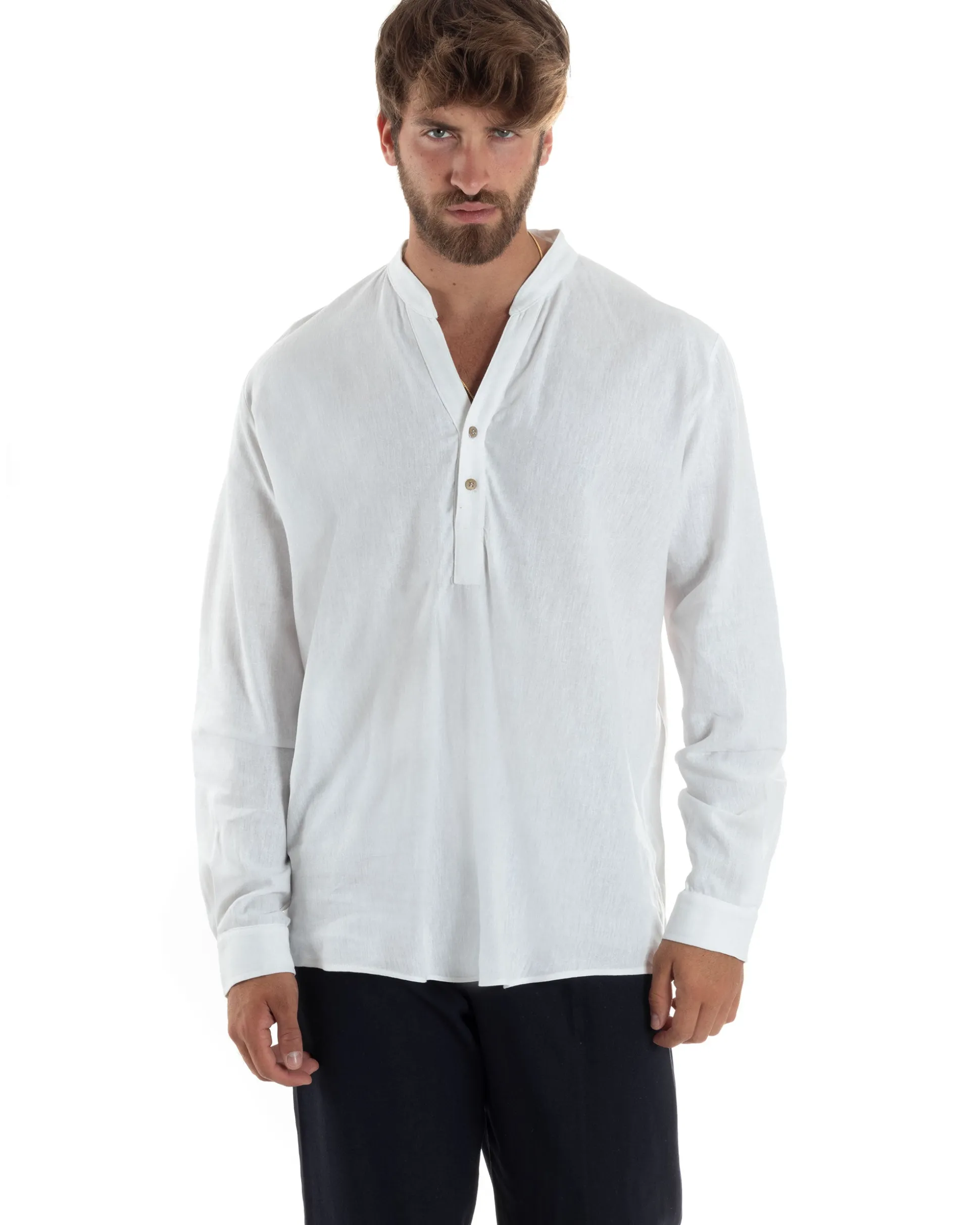 Camicia uomo lino regular fit collo coreano serafino scollo v bianco GIOSAL-C2865A