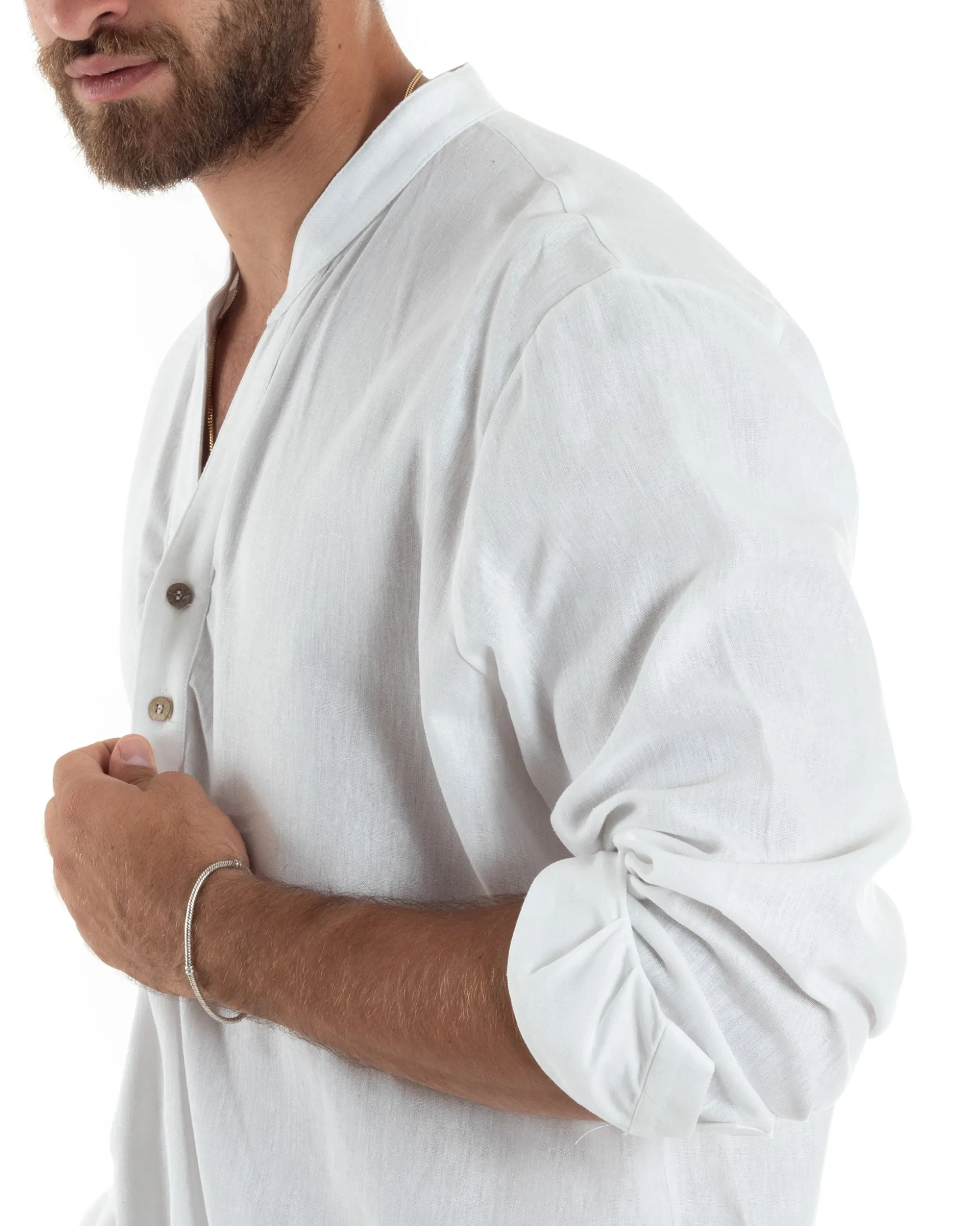Camicia uomo lino regular fit collo coreano serafino scollo v bianco GIOSAL-C2865A