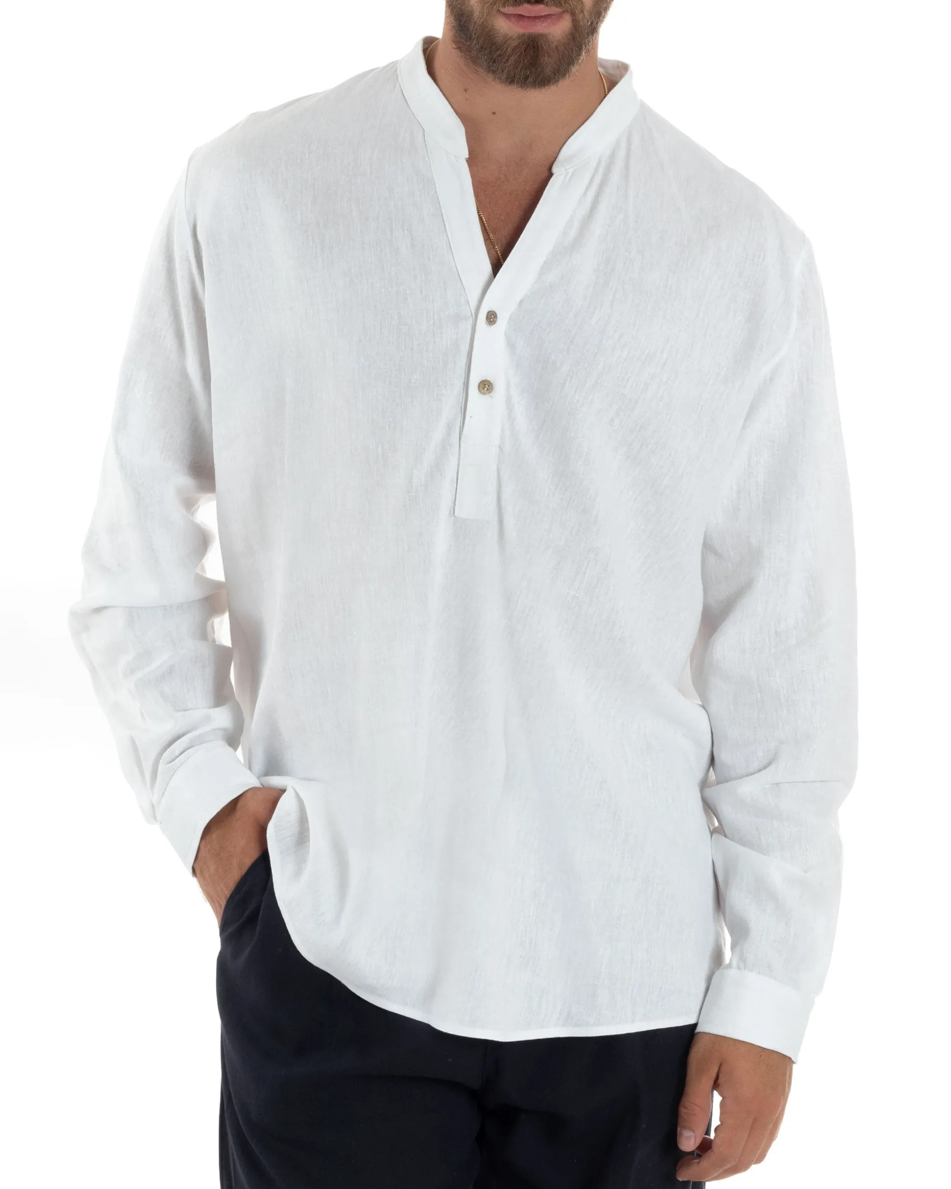 Camicia uomo lino regular fit collo coreano serafino scollo v bianco GIOSAL-C2865A